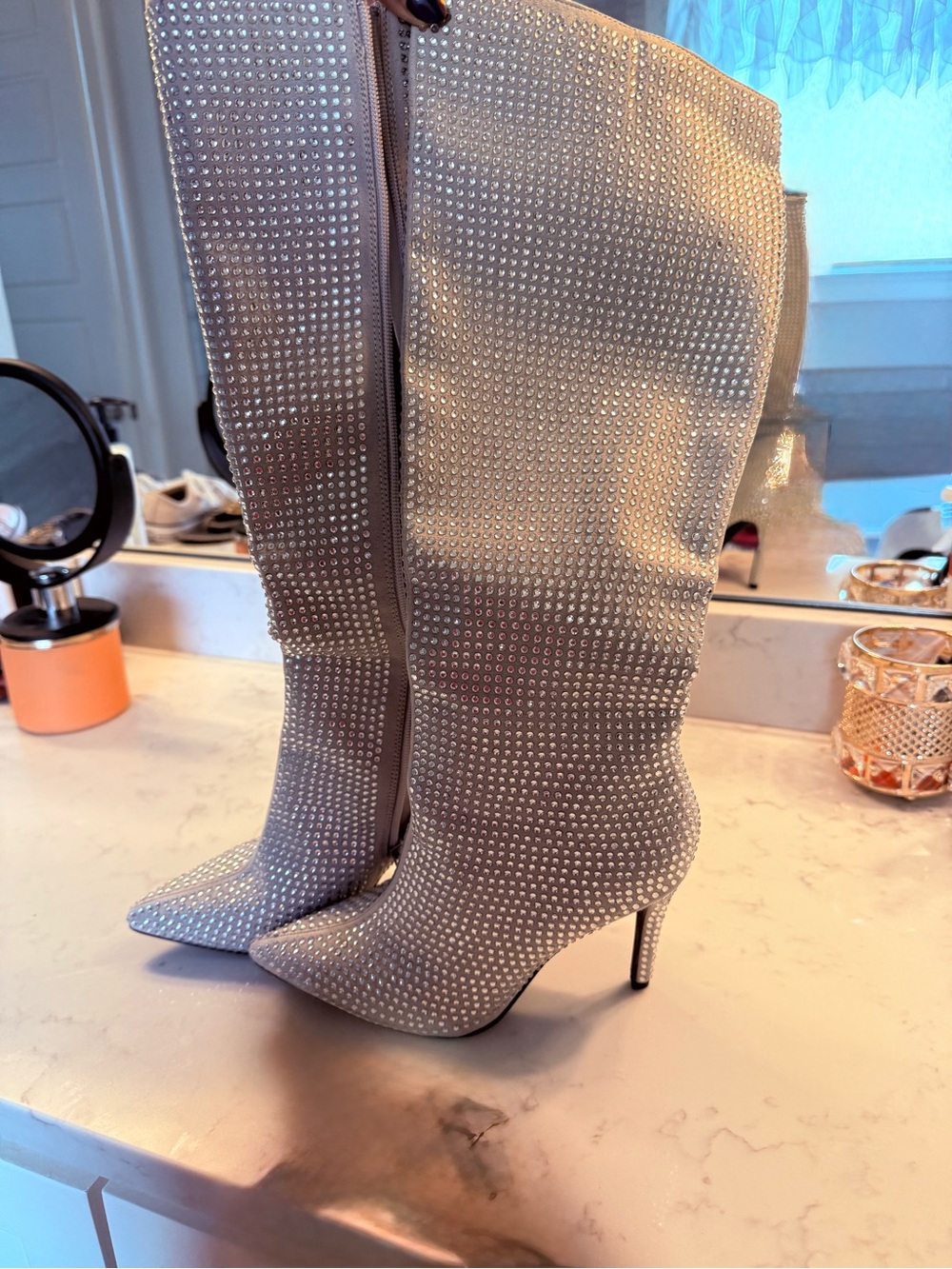 Shoe Dazzle Silver Crystal-Embellished Over-the-Knee Stiletto Boots